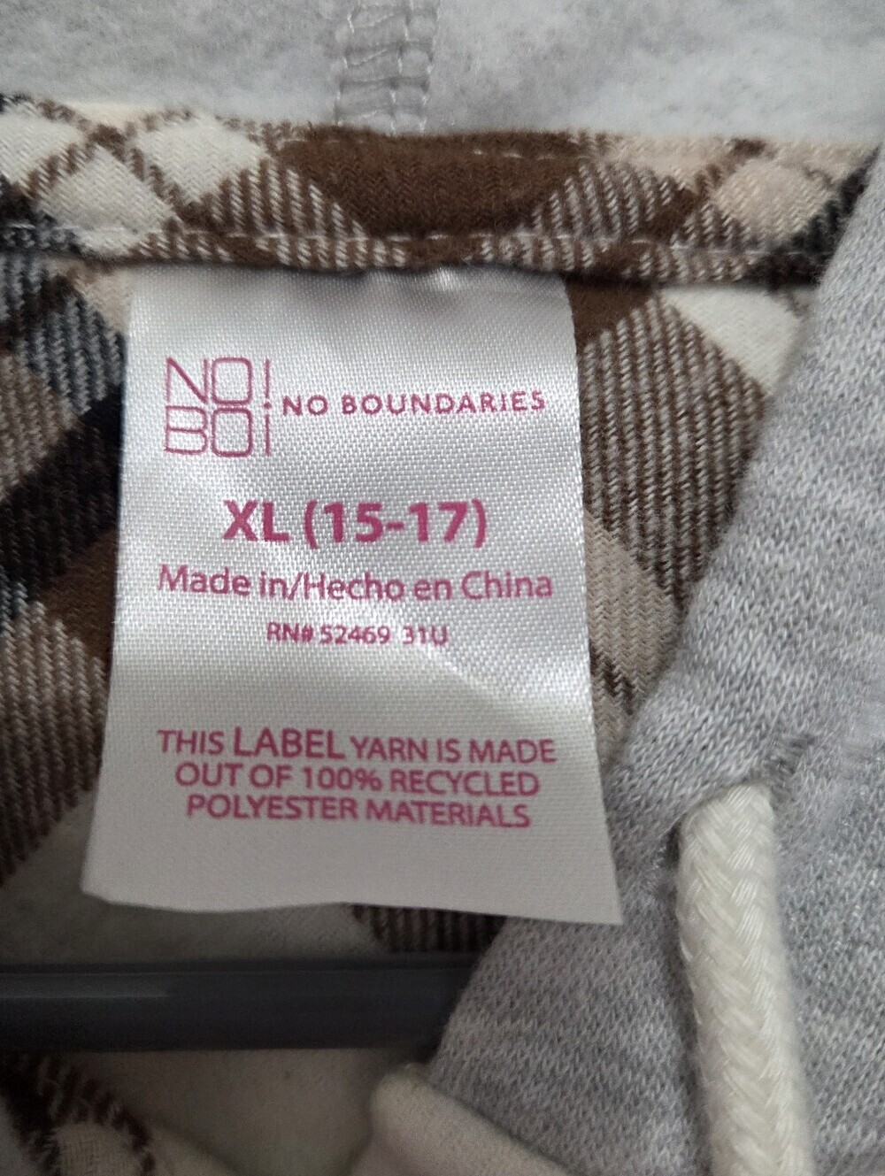 No Boundaries Womens Flannel Shirt Hooded Cropped Plaid Brown White XL - Picture 7 of 10